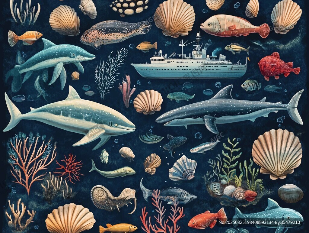 海洋生物與船只插畫世界