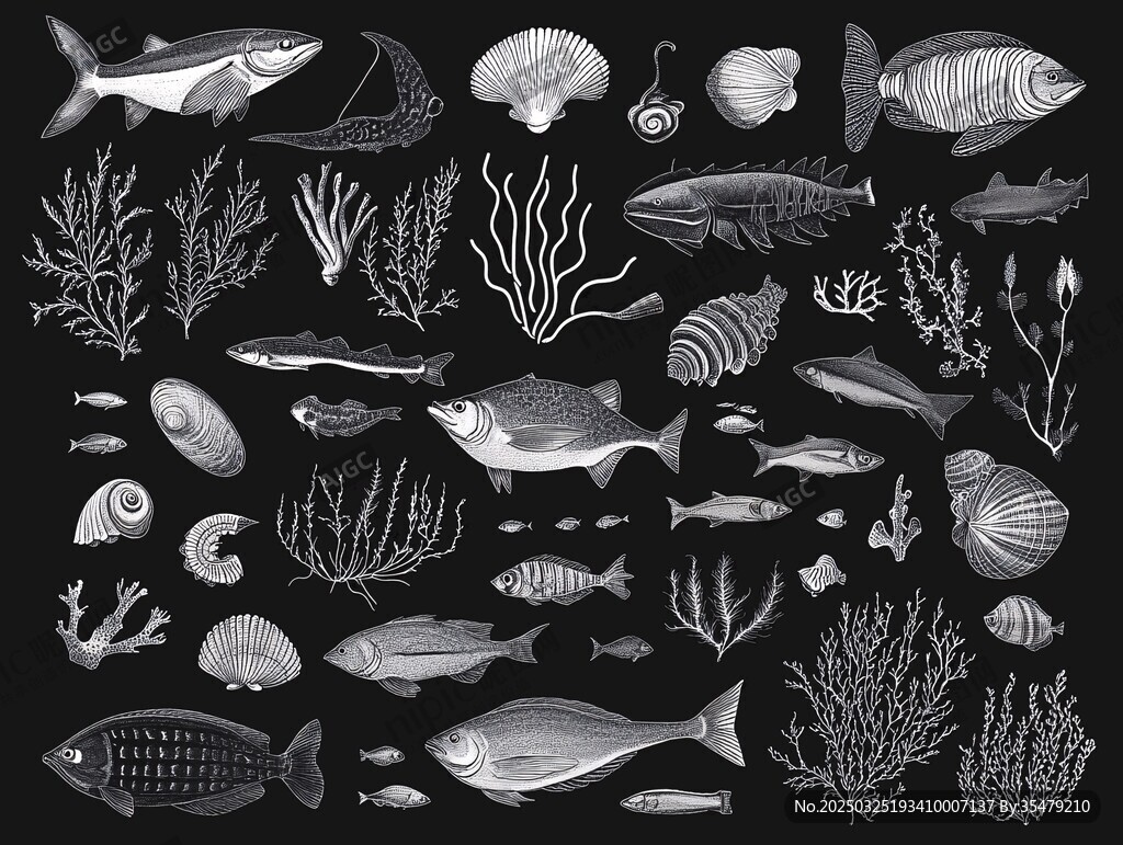 海洋生物黑白插畫集合