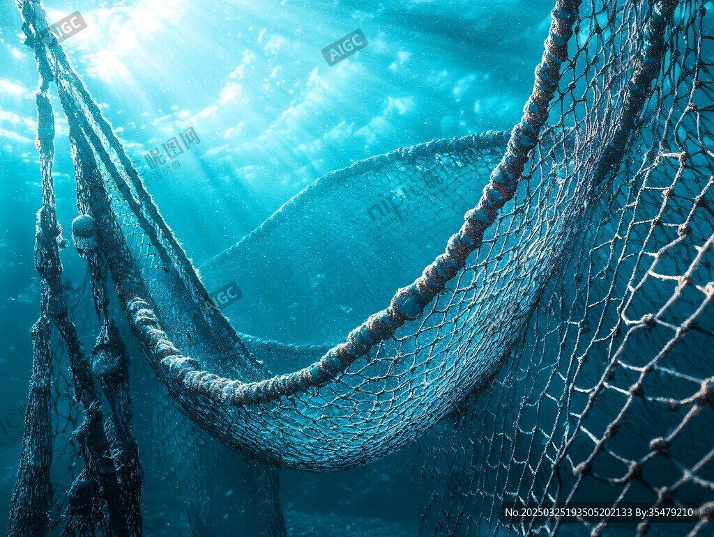 深海中的破舊漁網(wǎng)景象