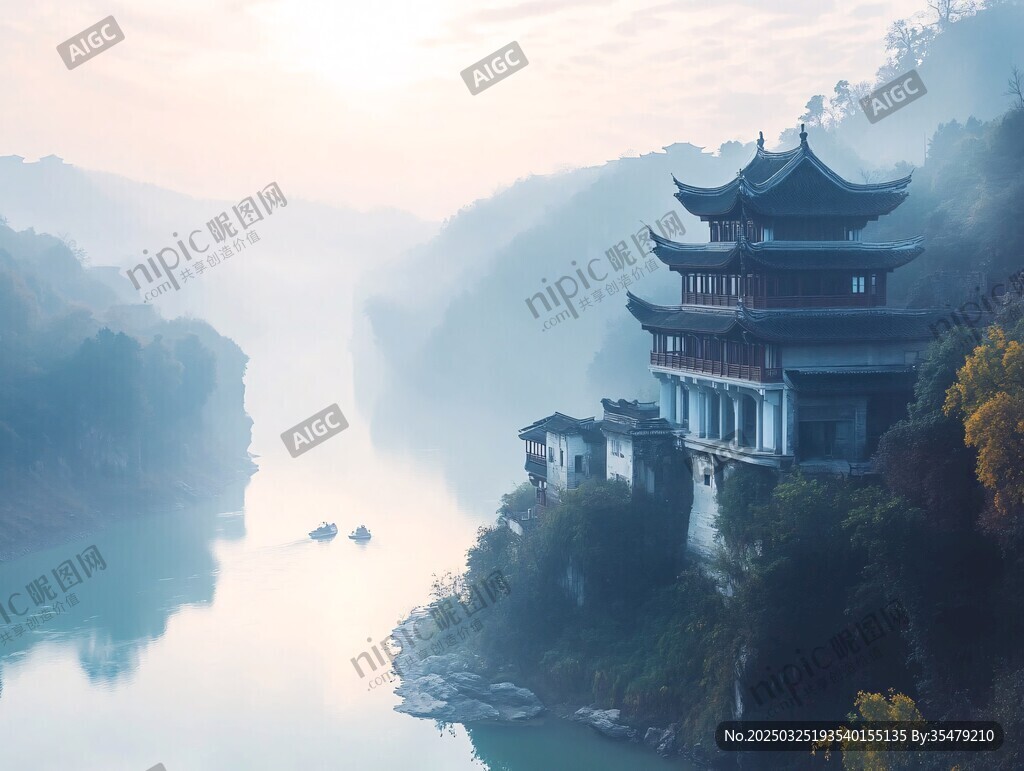 江畔古樓映于山水間