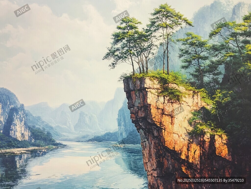 懸崖孤樹映秀麗江山景