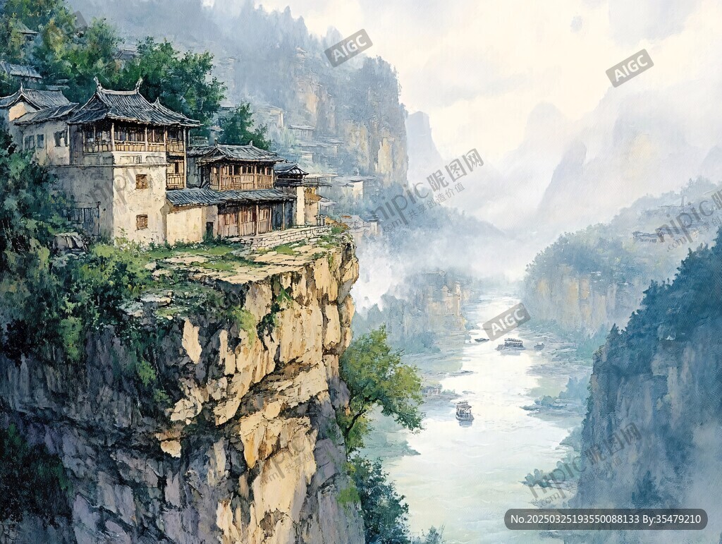 懸崖古居映于山水間