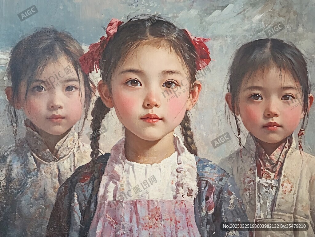 三個扎辮的可愛民國女孩