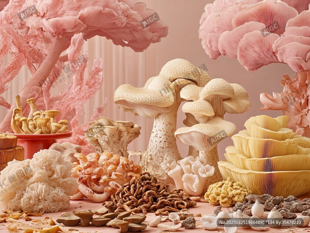 夢幻粉色系菌類等食材景觀