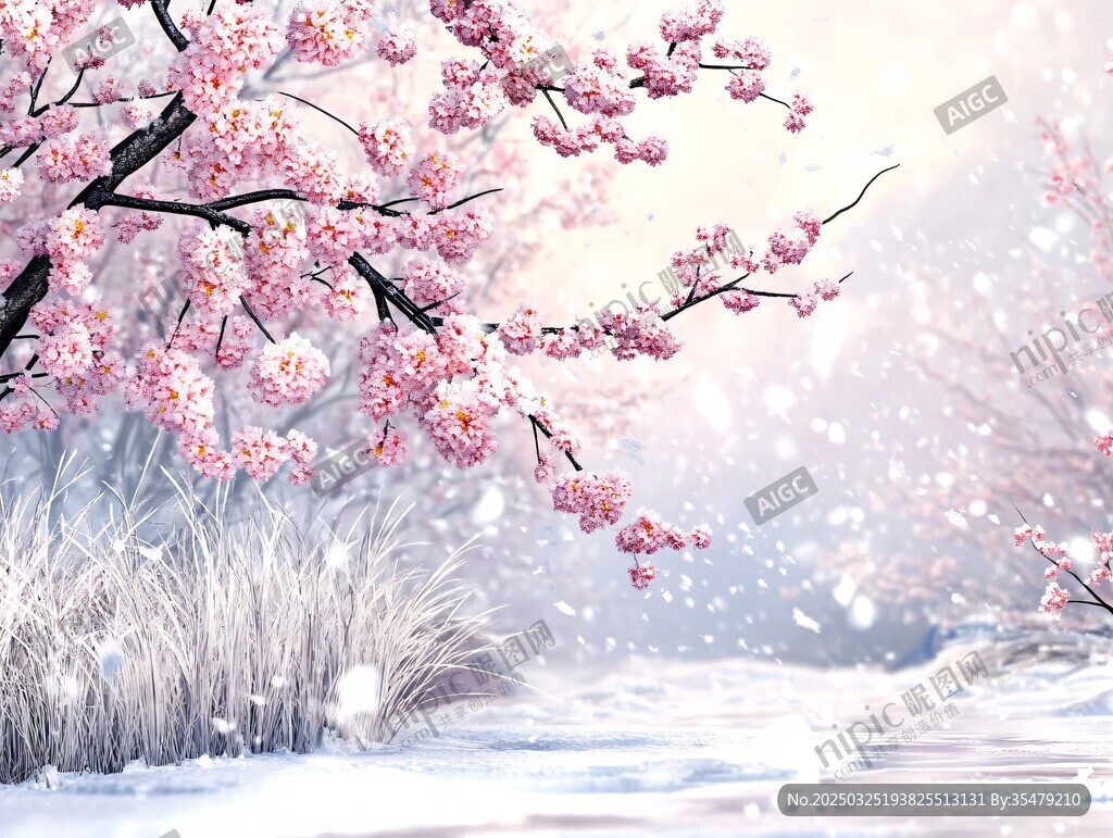 雪中綻放的浪漫粉色櫻花