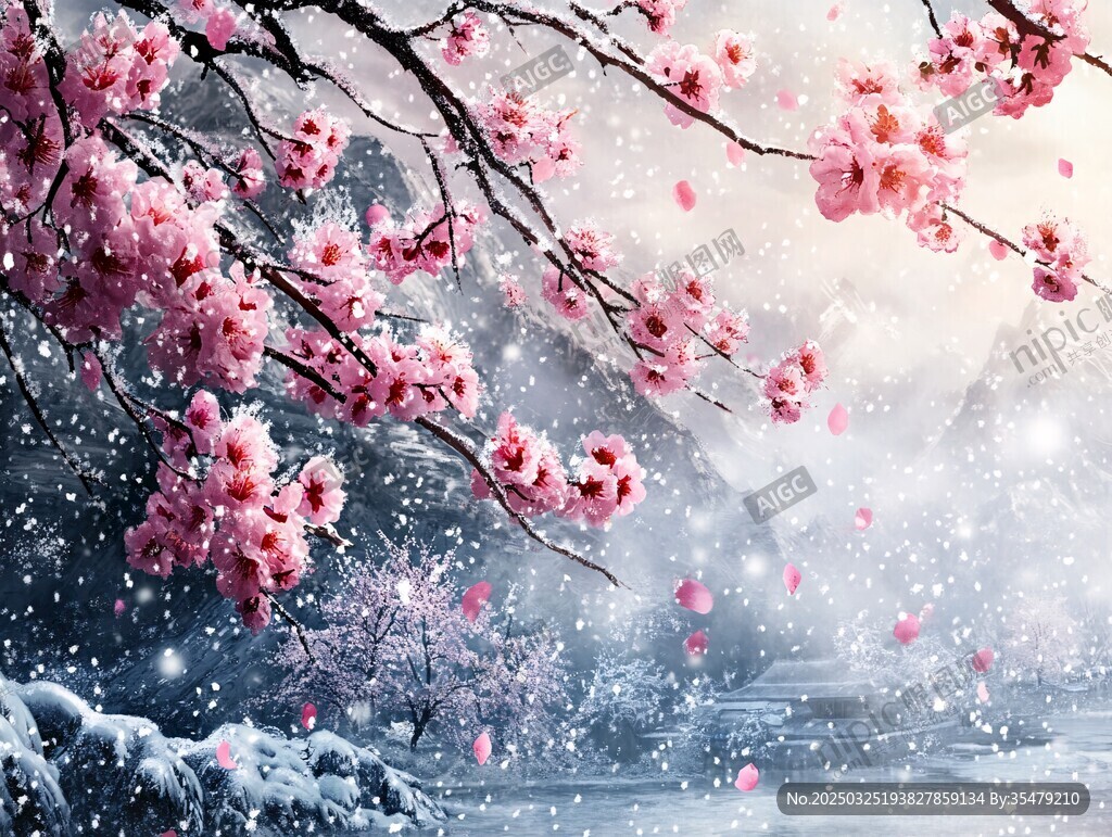 雪中綻放的浪漫粉色櫻花