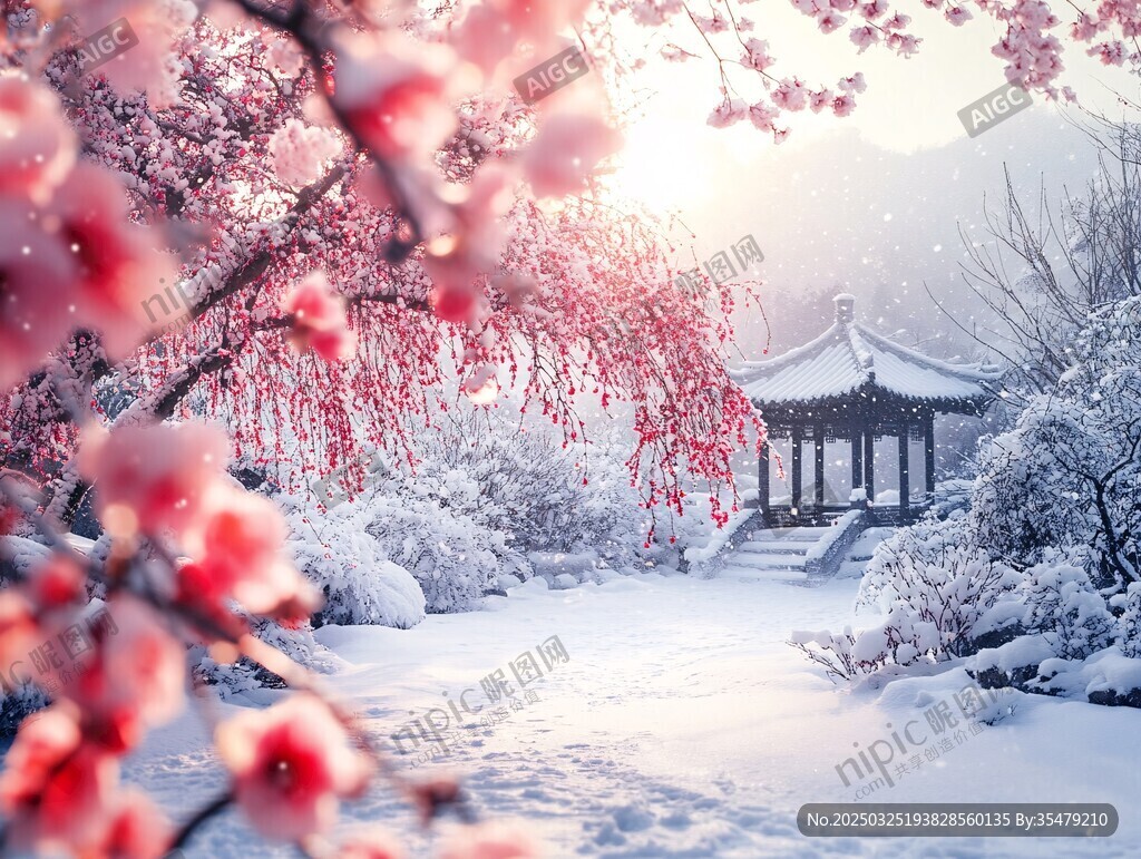 雪中紅梅映古亭的詩意景致