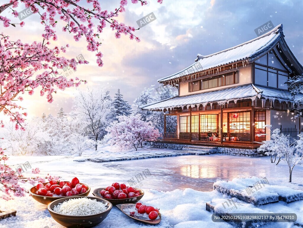 雪中日式小屋前的豐收景象