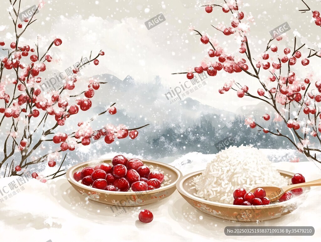 雪境中的紅果與白米美景