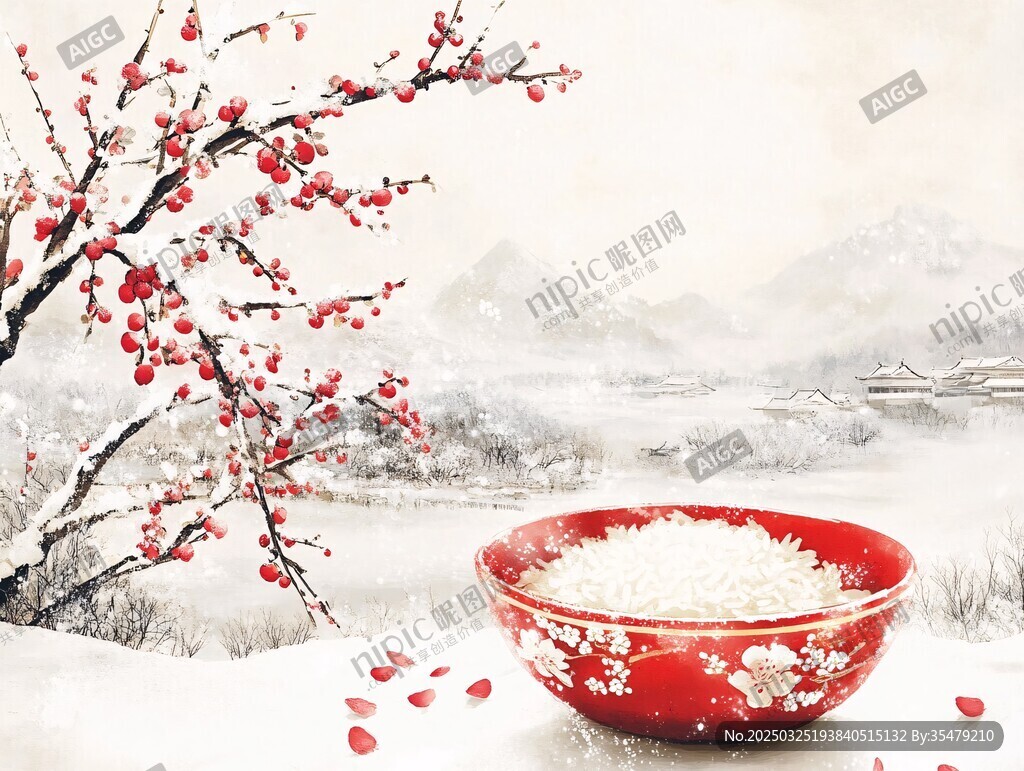 雪境紅梅下的紅碗盛白米