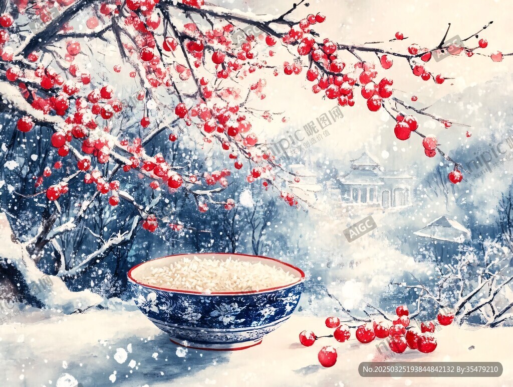 雪中紅梅下的瓷碗景致