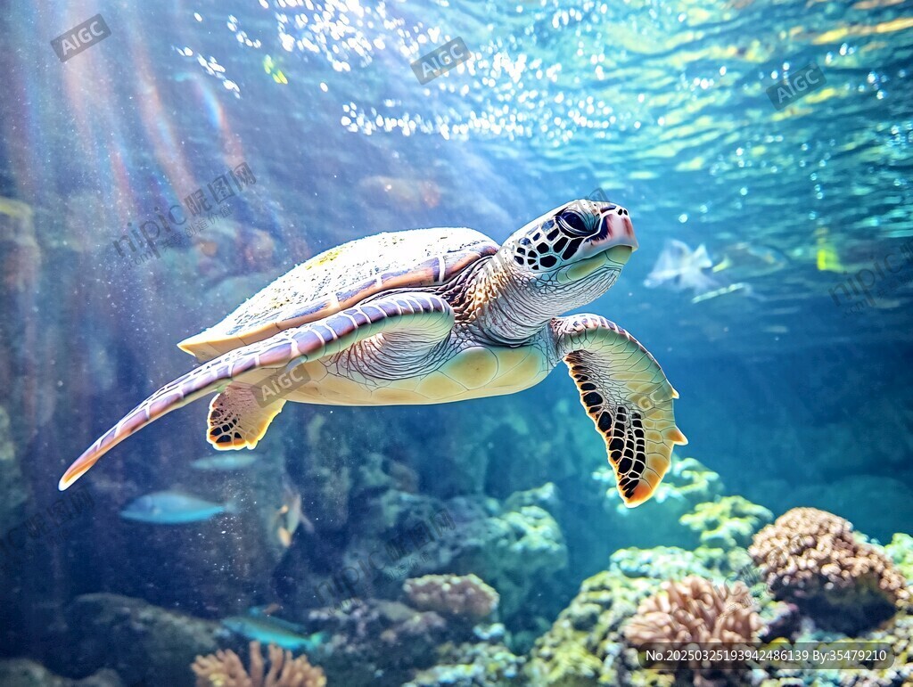 海龜在絢爛海底世界遨游