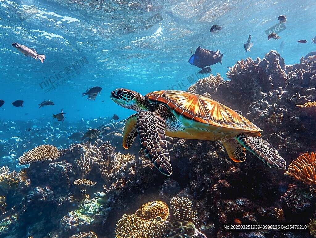 海龜悠游于絢爛海底世界