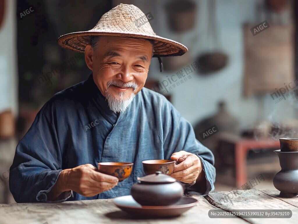 老茶人悠然品茗之態(tài)