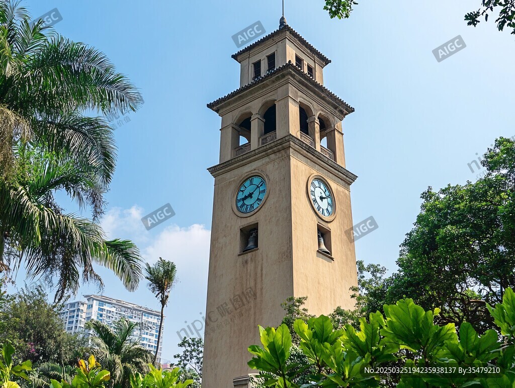 城市中的古樸鐘樓景觀