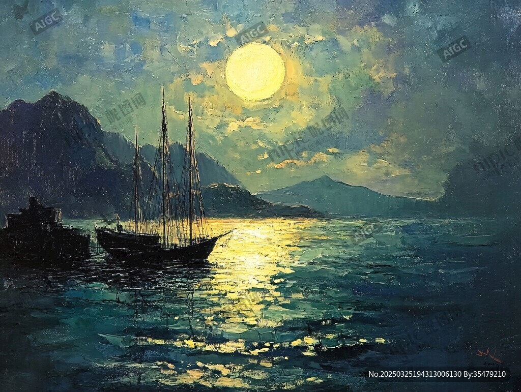 月夜下的海上帆船風景