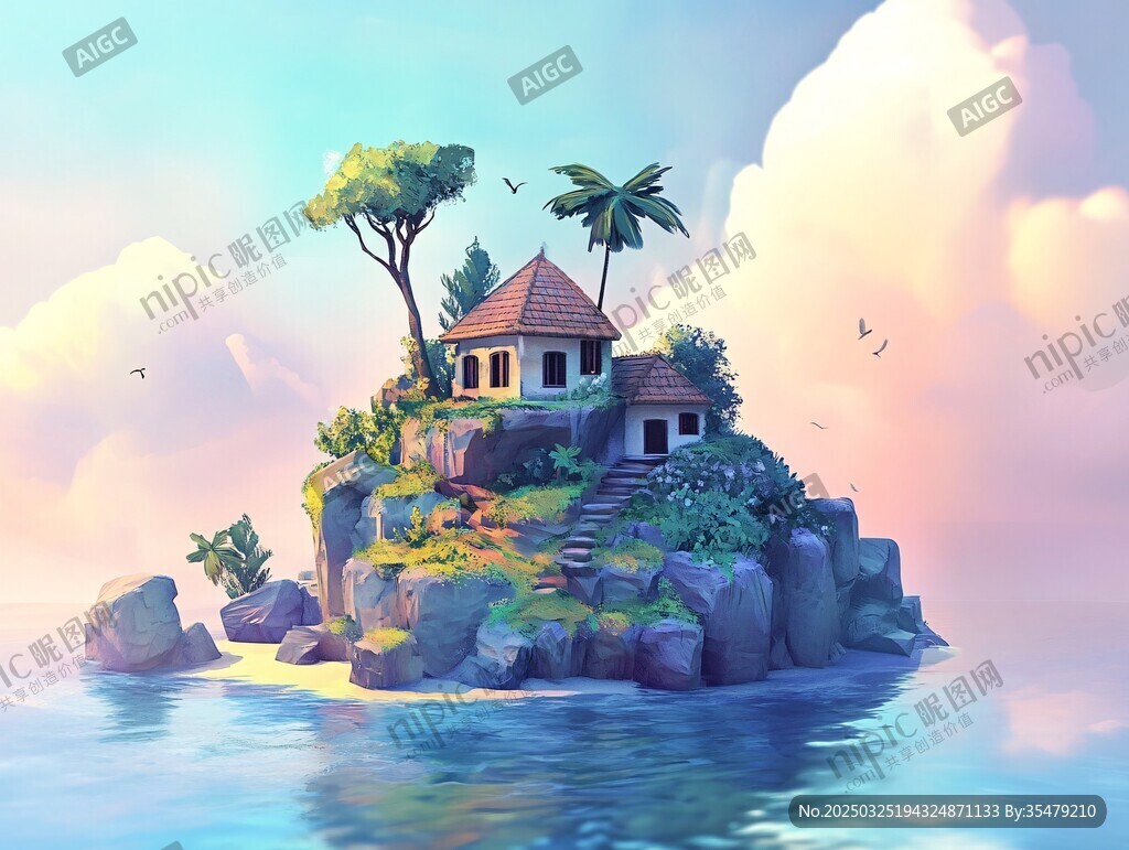 夢幻海上小島小屋風景