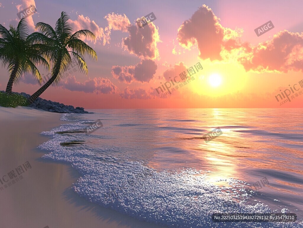 海邊日落美景 椰樹相伴