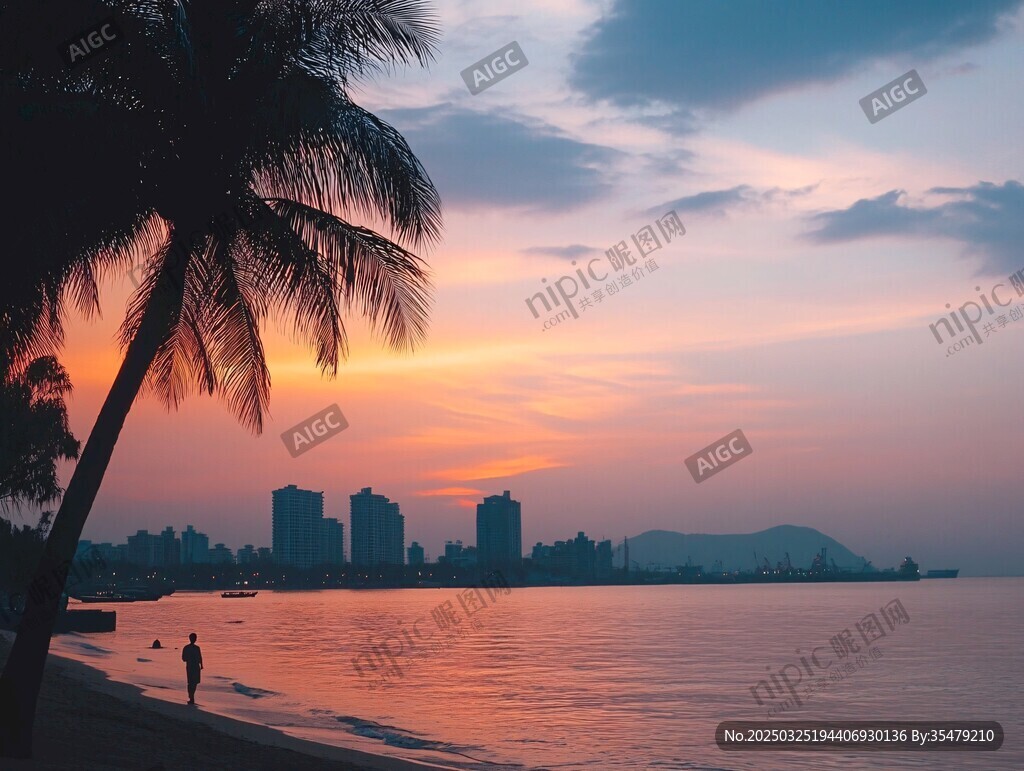 夕陽下的海濱城市美景