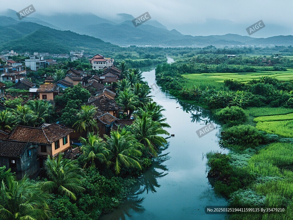 河畔村莊 綠野環(huán)繞的美景