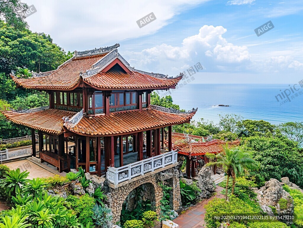 海濱中式樓閣美景