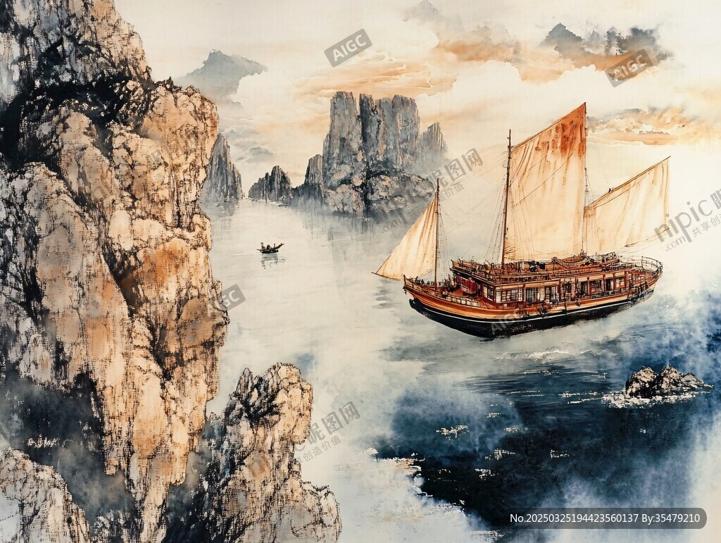 水墨山水間的揚帆航船