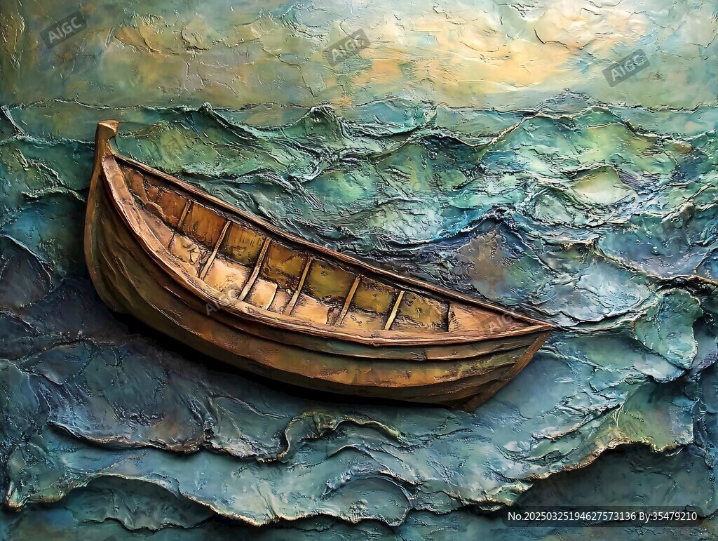 海上孤舟的藝術(shù)浮雕畫面