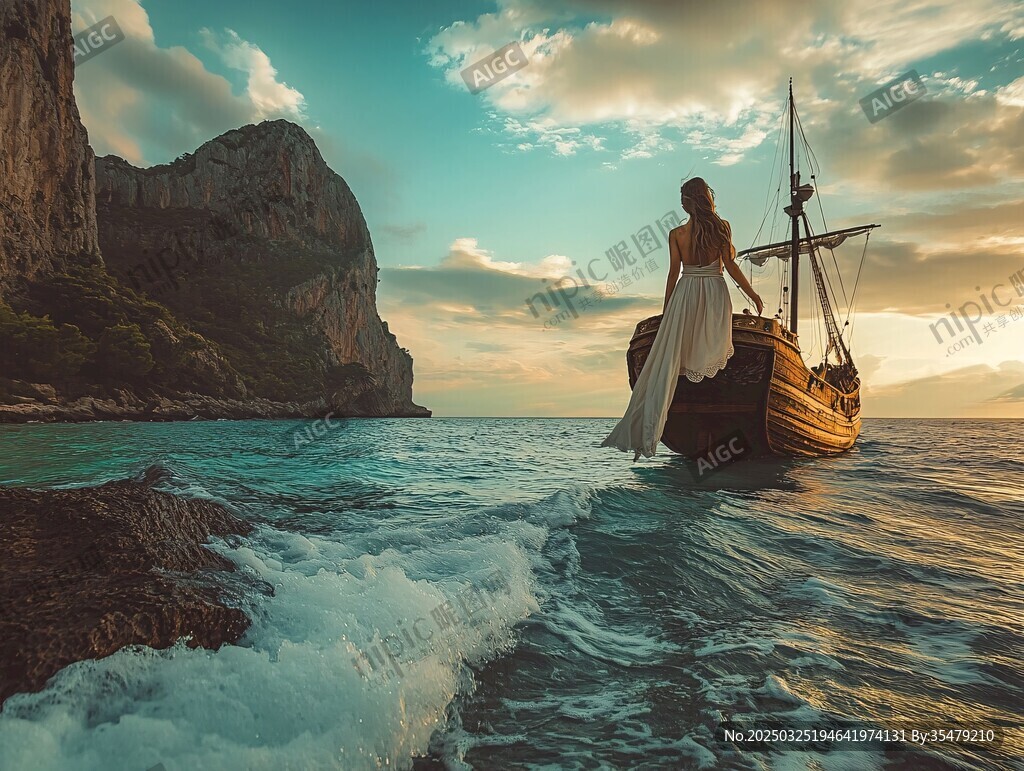 女子立船駛向山海美景