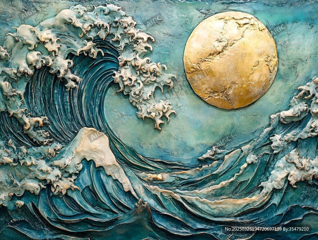 海浪與圓月的立體藝術圖景