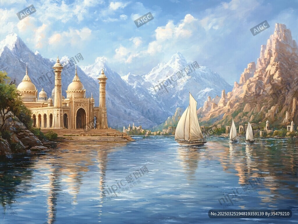 湖畔古堡與帆船的奇幻景致