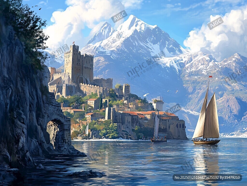 海岸古堡旁的帆船美景