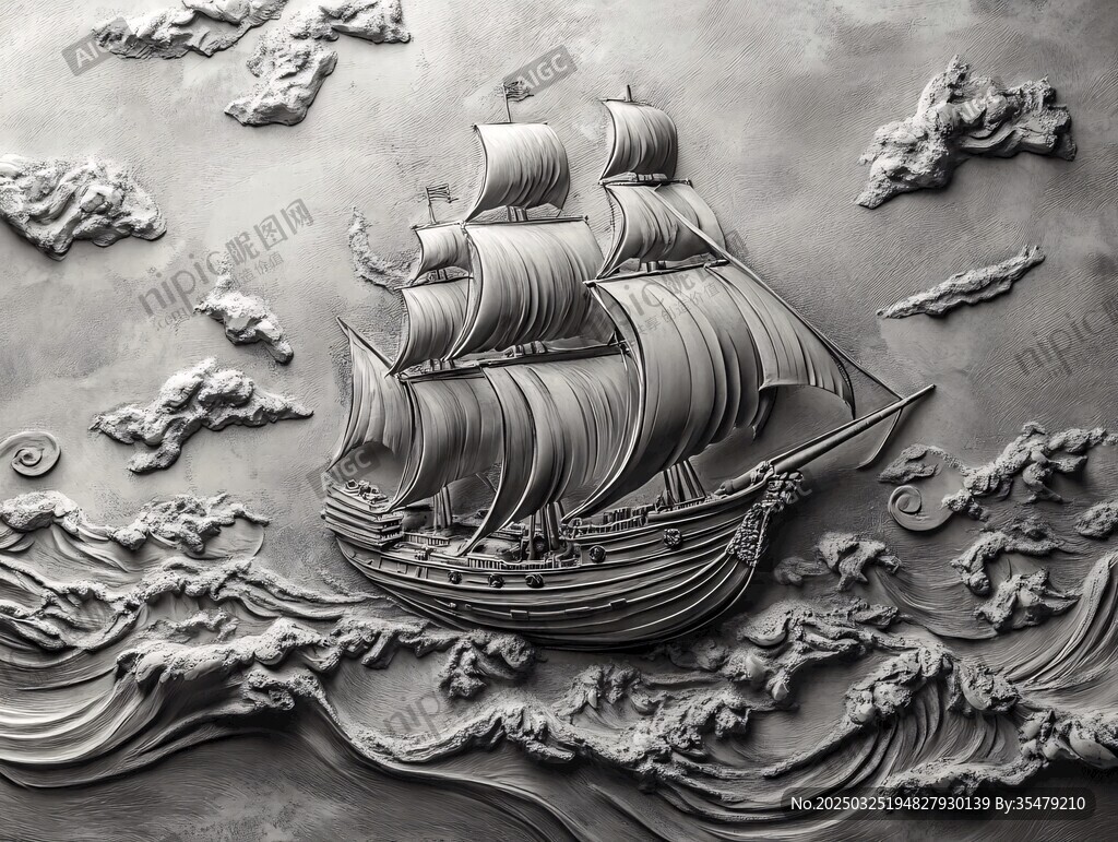 帆船浮雕 海浪云間的航行圖景
