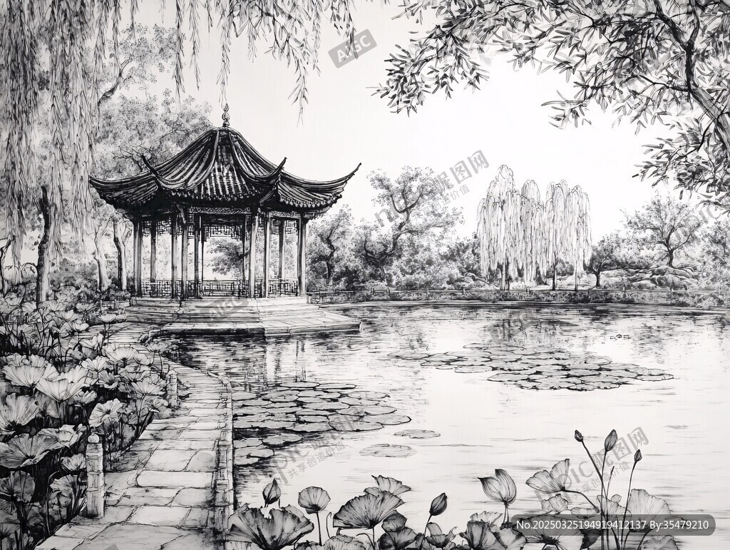 湖畔古亭水墨畫意境清幽
