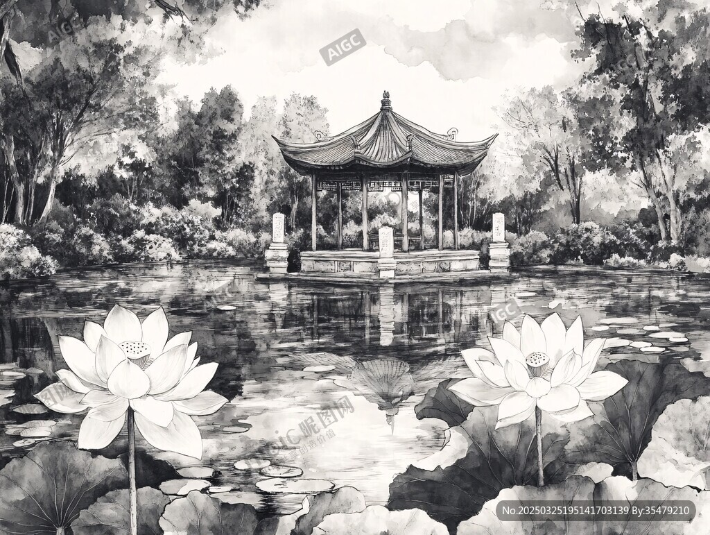 水墨荷塘中的古典涼亭