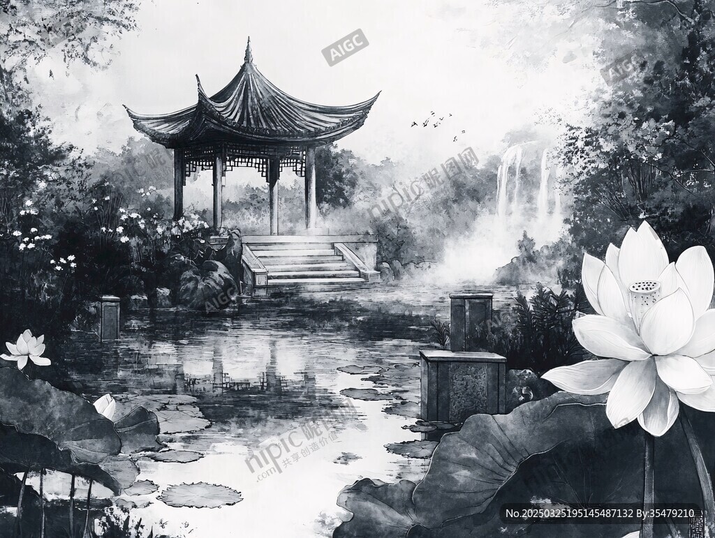水墨荷塘中的古典涼亭