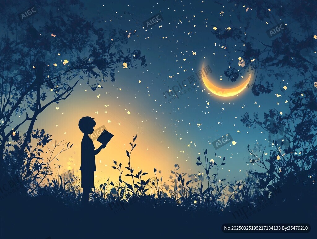 月夜下的少年閱讀剪影