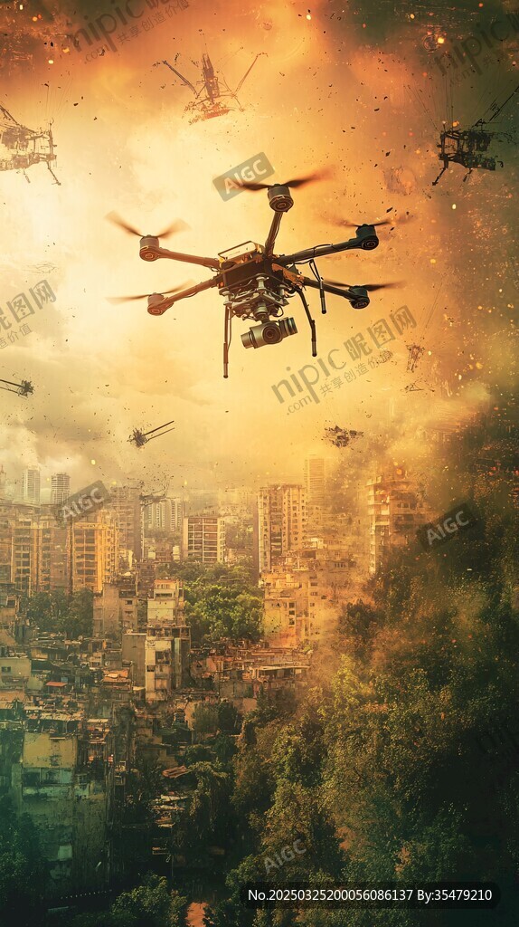 城市上空的無人機群景象
