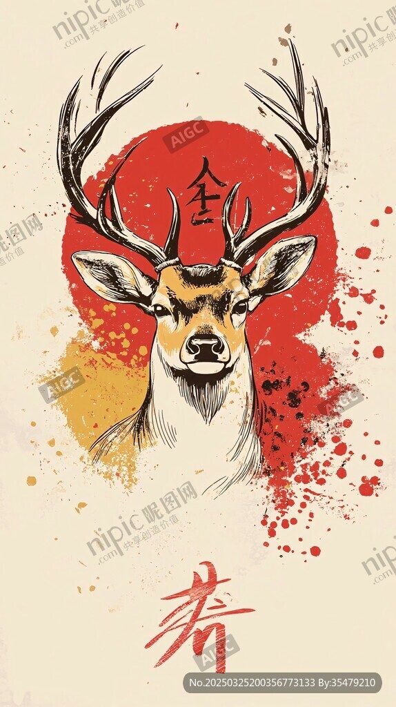鹿迎新春 傳統(tǒng)風(fēng)插畫
