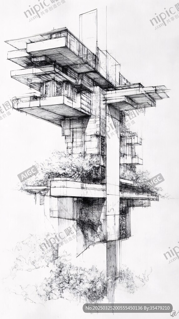 未來(lái)感懸浮建筑手繪草圖