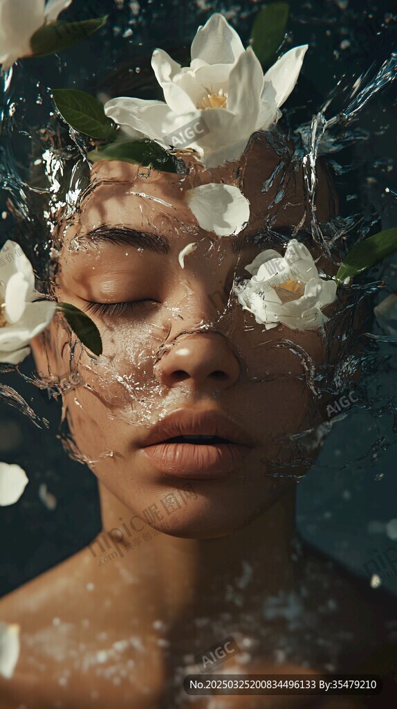 水中花飾臉龐的夢幻瞬間
