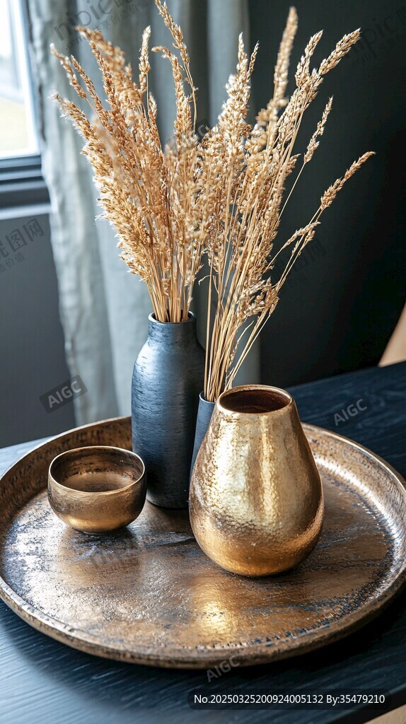 復(fù)古風(fēng)金屬擺件與干花組合