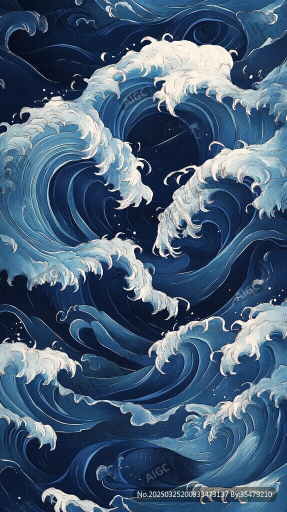 洶涌澎湃的藍色海浪圖案