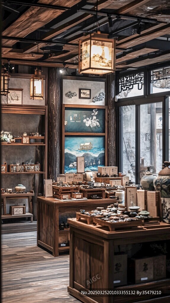 中式雅致茶具店室內(nèi)景致