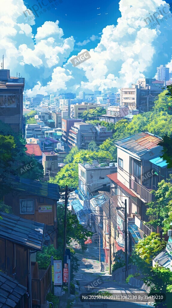 動漫風(fēng)城市小巷夏日圖景
