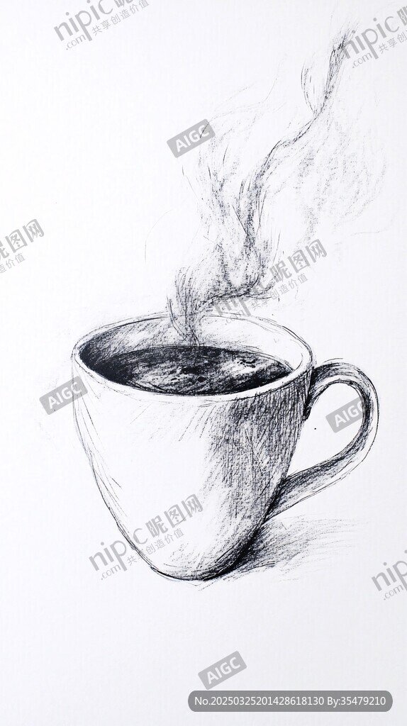 素描熱氣騰騰的咖啡杯