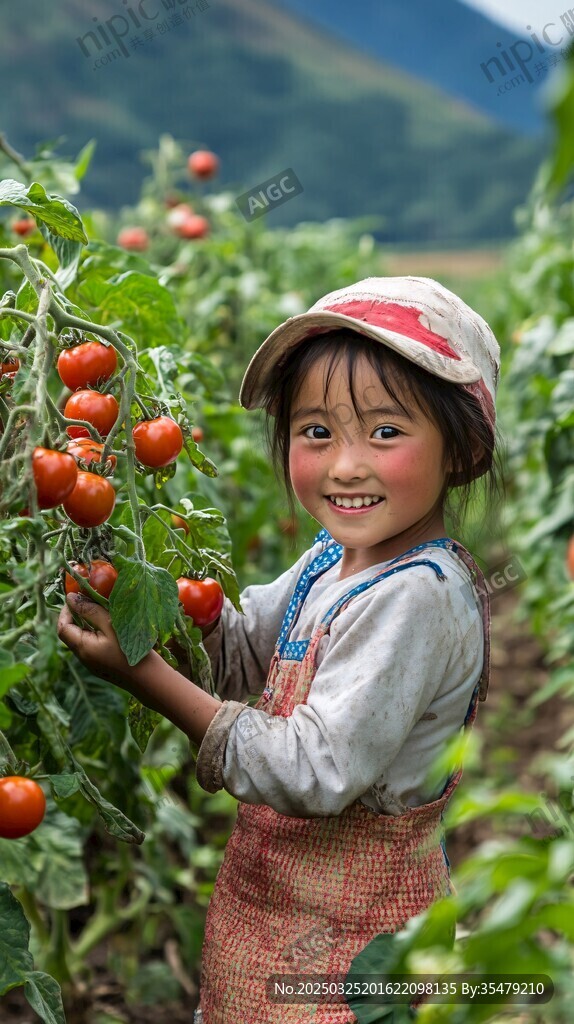 田園小女孩采摘新鮮番茄