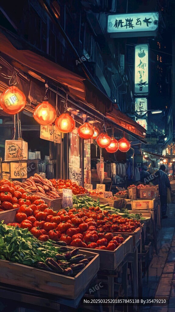 夜晚熱鬧的街邊蔬菜攤位