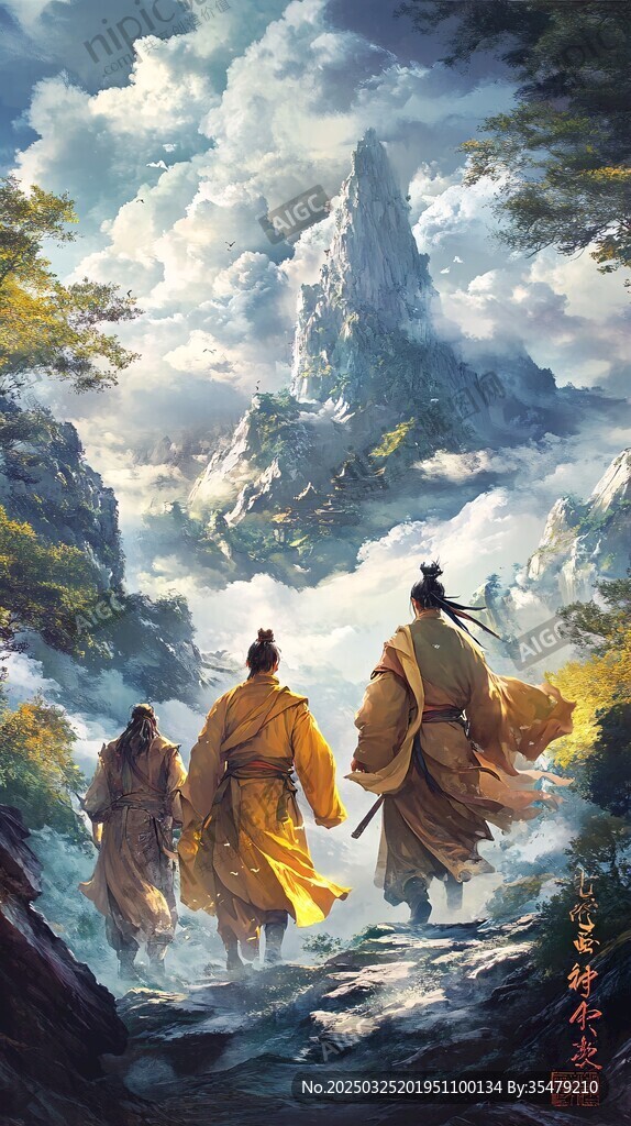 三位行者漫步仙山云霧間