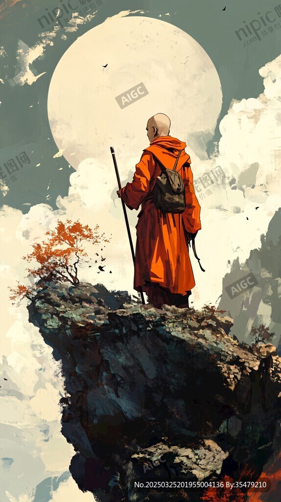 高僧立崖畔 望月思禪境