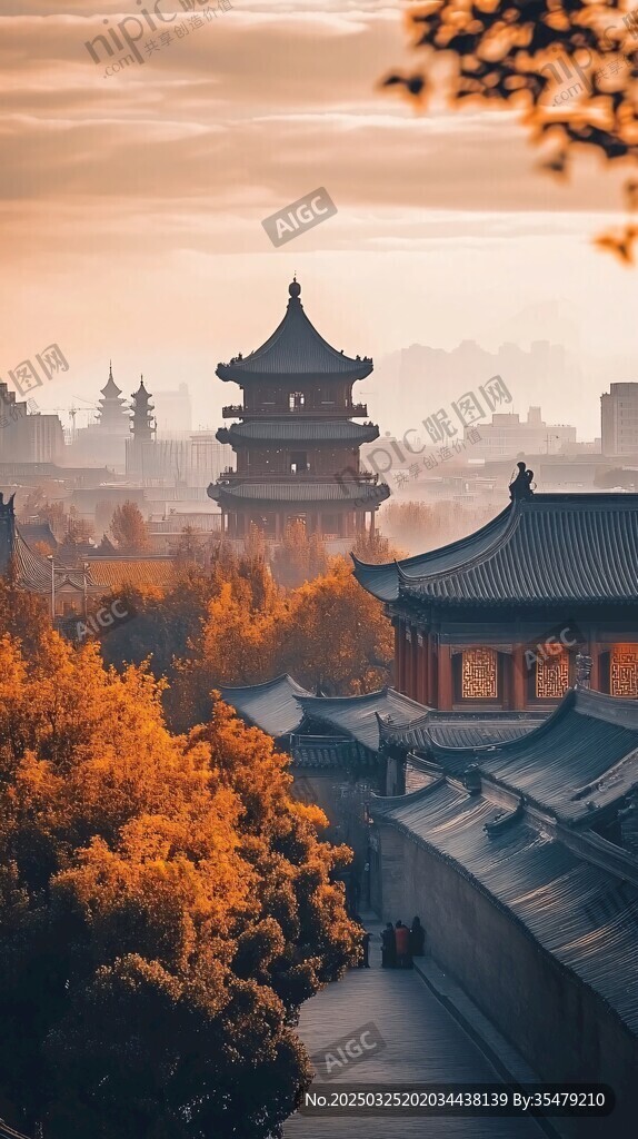 夕陽(yáng)下的中式古建筑美景